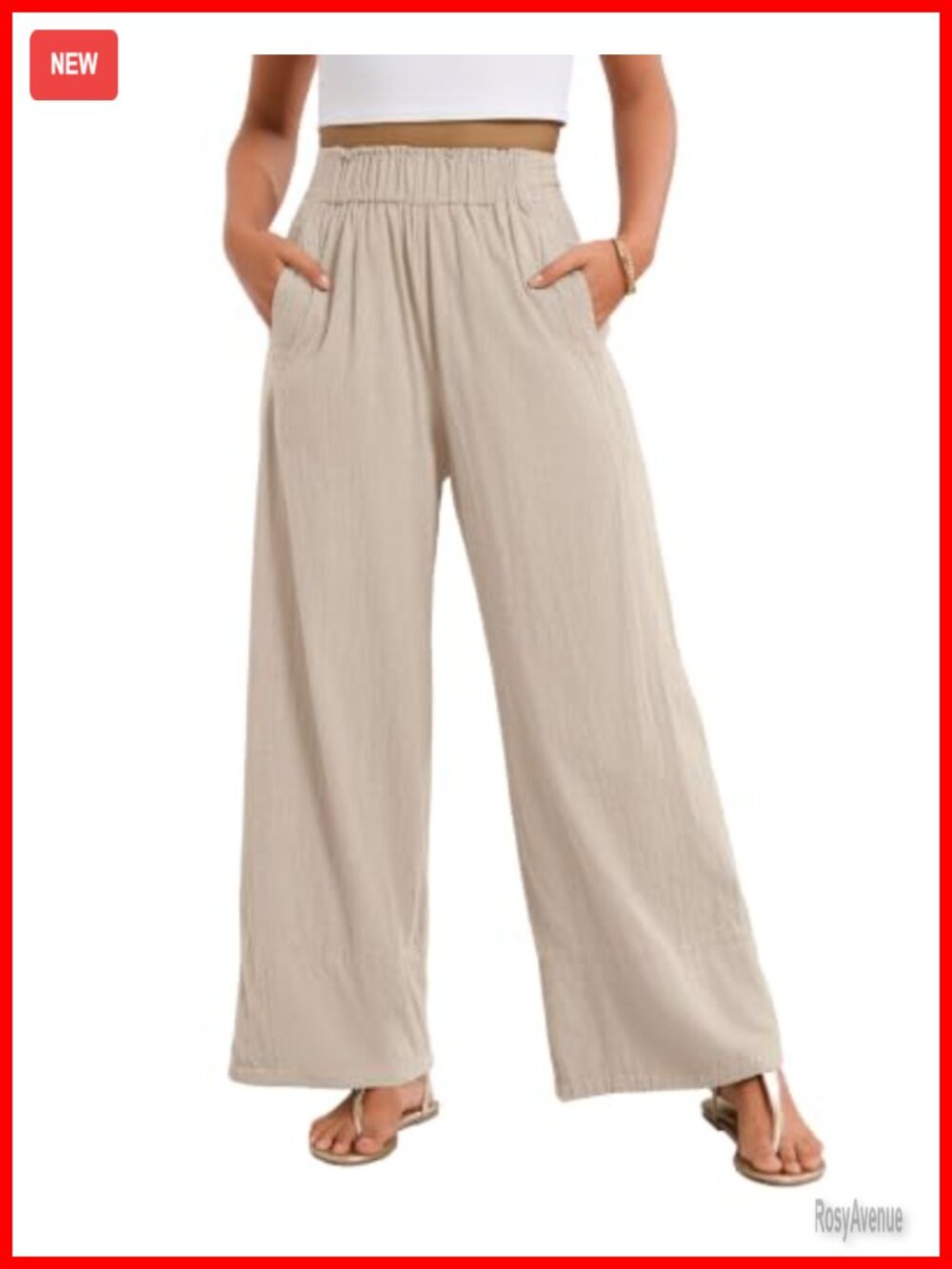 Wide Leg Cotton Linen Pants High Waist Flowy Casual Trousers with Pockets